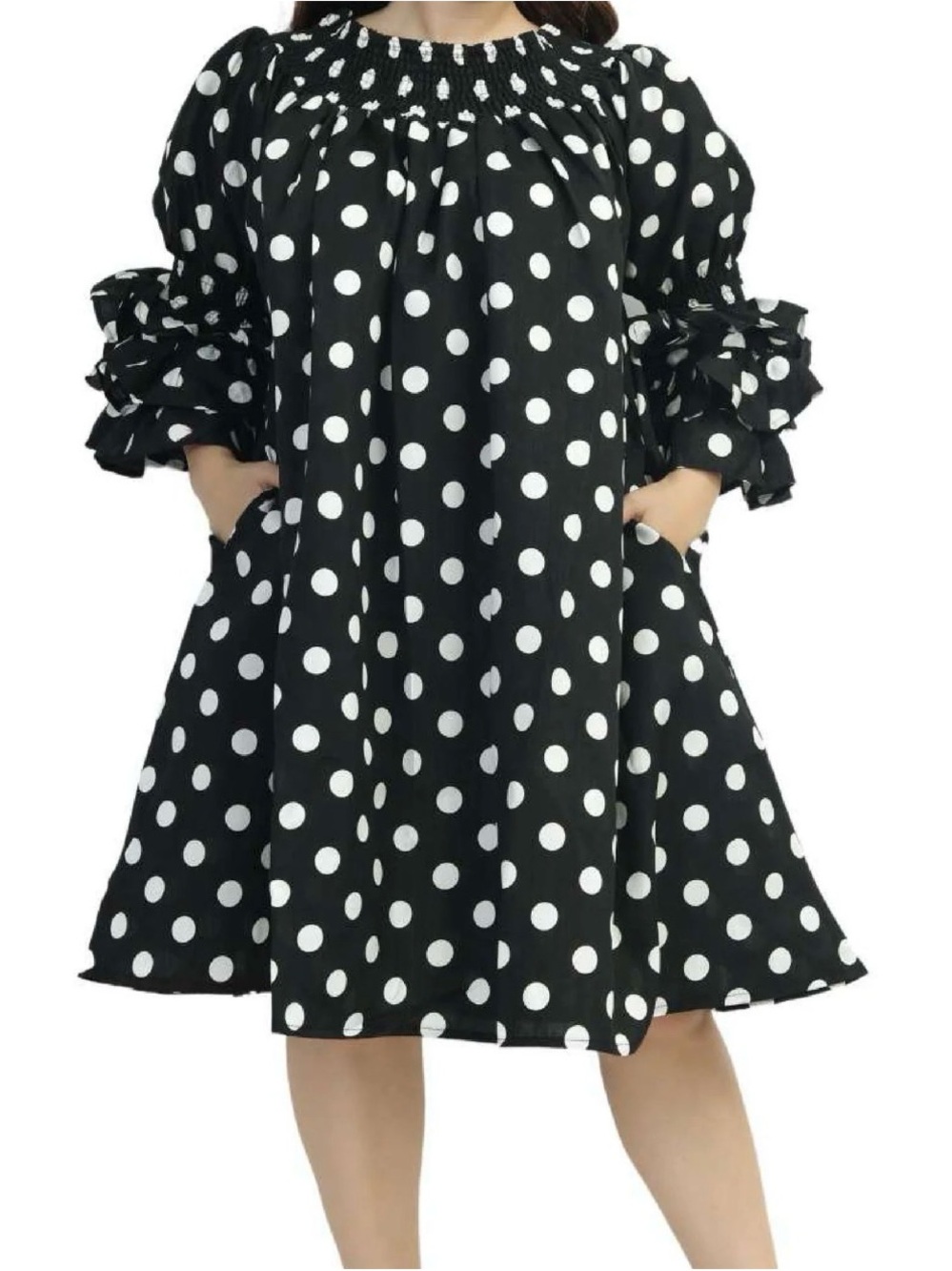 Black and White Polka Dot Ruffle Sleeve Dress